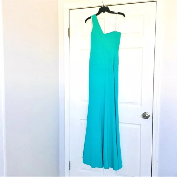 NWT Tadashi Shoji One Shoulder Crepe Gown Asymmetric XS Green